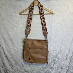 ANTIK KRAFT Tan Faux Leather Crossbody Bag Woven Strap Zippered‎ Side Pockets